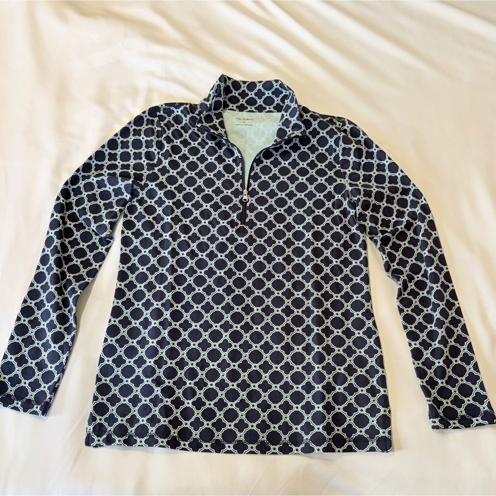 T by Talbots Navy White Quatrefoil Quarter Zip Pullover Top Petite P Golf